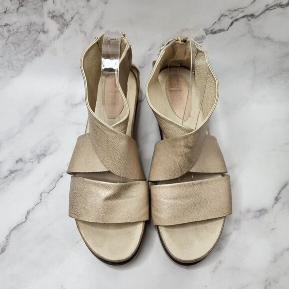 Bussola Pauline Wide Strap Metallic Beige Leather Sandals Platform Flats 9.5 (40 - Picture 3 of 10